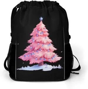 Christmas Tree with Blue Lights Drawstring Backpack String Bag Sports Gym Sackpack with Side Pocket Shoes Compartment