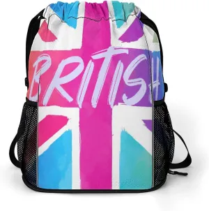 Colorful British Flag U.K Drawstring Backpack String Bag Sports Gym Sackpack with Side Pocket Shoes Compartment