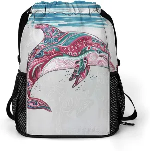 Colorful Dolphin with Stripes Drawstring Backpack String Bag Sports Gym Sackpack with Side Pocket Shoes Compartment