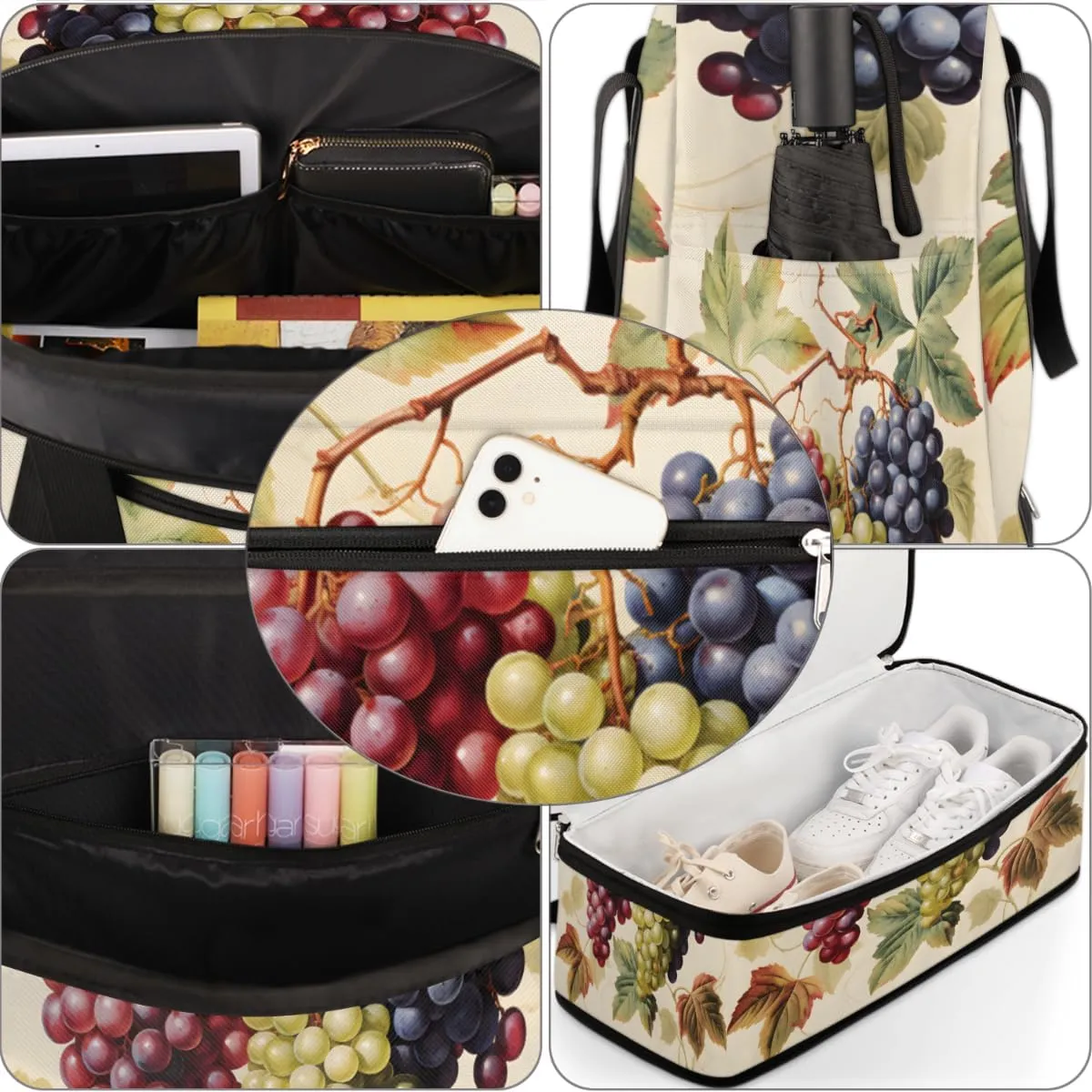 Colorful Grapes Foldable Travel Duffel Bag Overnight Weekender Bag with Shoes Compartment Sports Gym Bag for Men Women