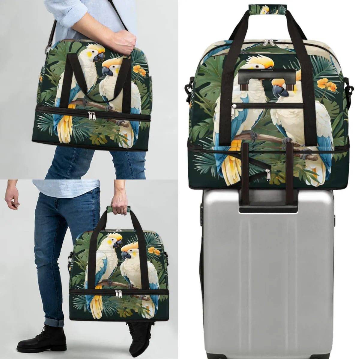 Colorful Parrot Foldable Travel Duffel Bag Overnight Weekender Bag with Shoes Compartment Sports Gym Bag for Men Women