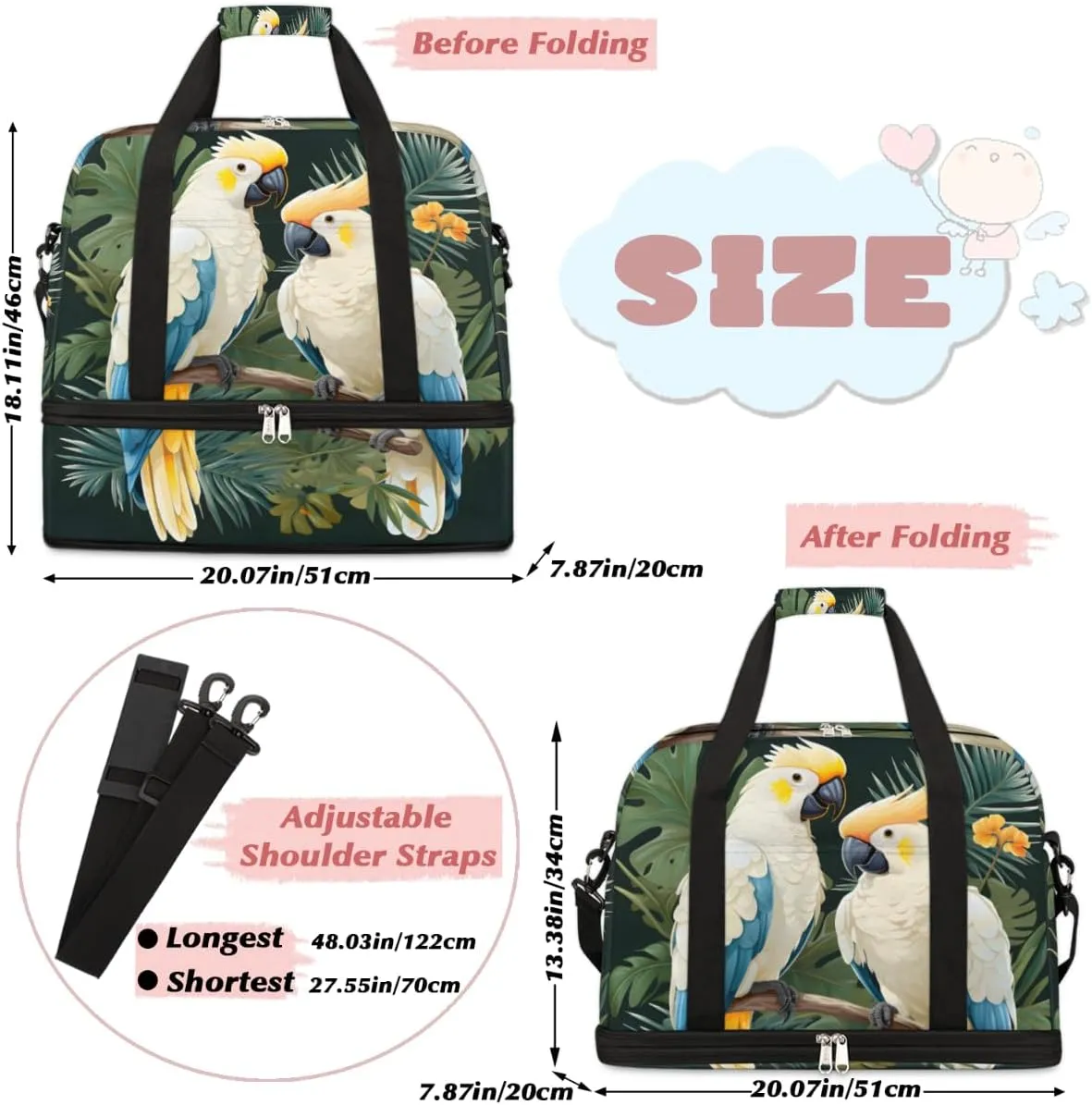 Colorful Parrot Foldable Travel Duffel Bag Overnight Weekender Bag with Shoes Compartment Sports Gym Bag for Men Women