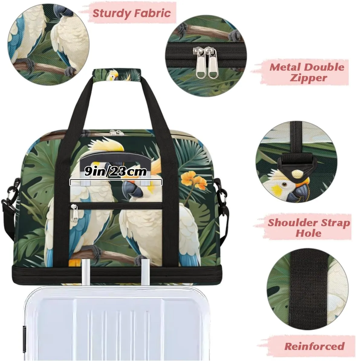 Colorful Parrot Foldable Travel Duffel Bag Overnight Weekender Bag with Shoes Compartment Sports Gym Bag for Men Women