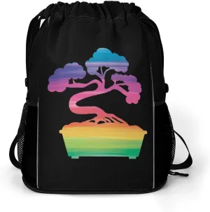 Colorful Tree Drawstring Backpack String Bag Sports Gym Sackpack with Side Pocket Shoes Compartment