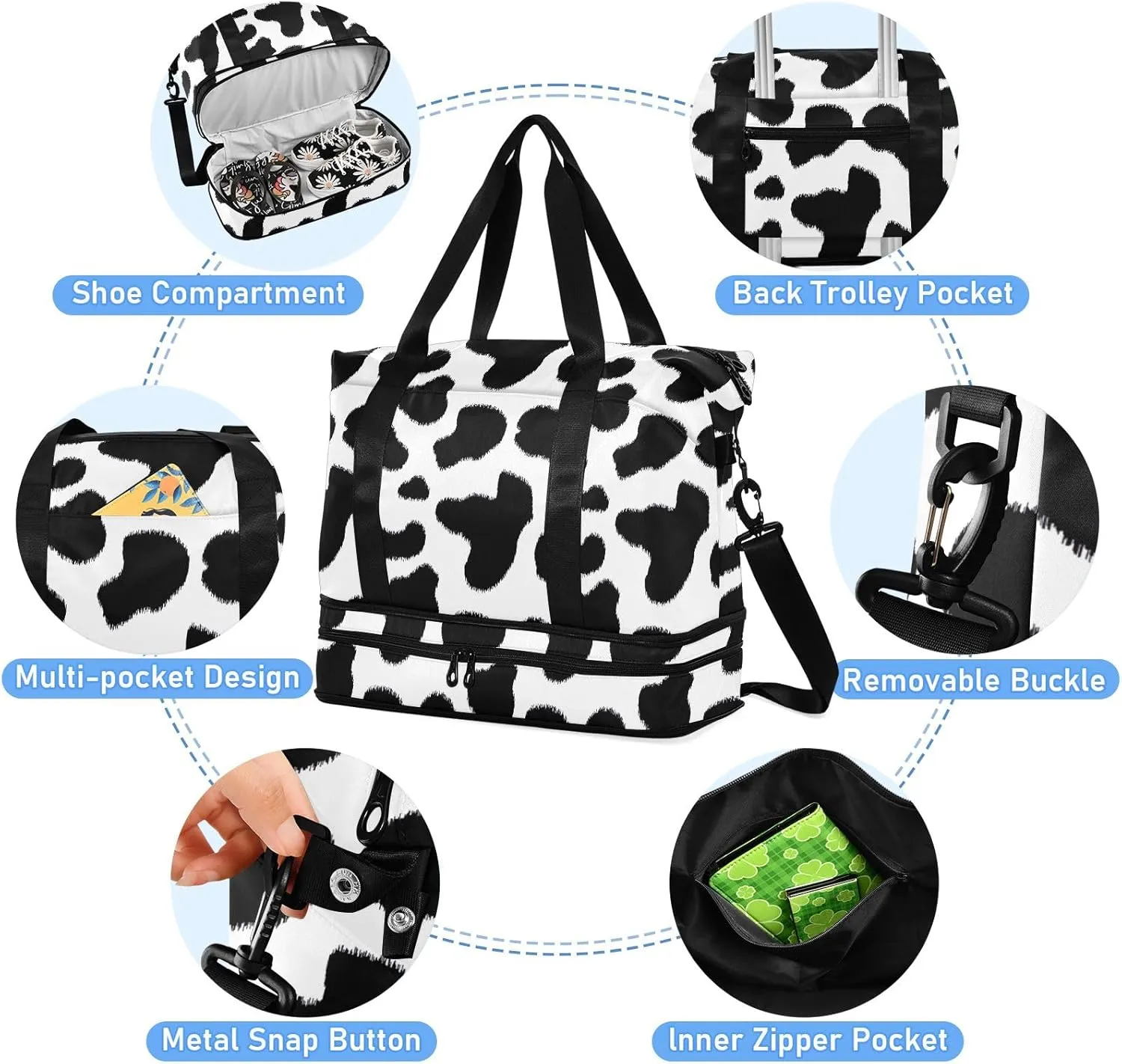 Cow Stripes Travel Duffel Waterproof Mens Weekender Travel Bag with Wet Pocket and Shoes Compartment