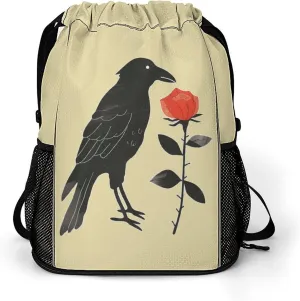 Crow Holding A Rose Flower Drawstring Backpack String Bag Sports Gym Sackpack with Side Pocket Shoes Compartment