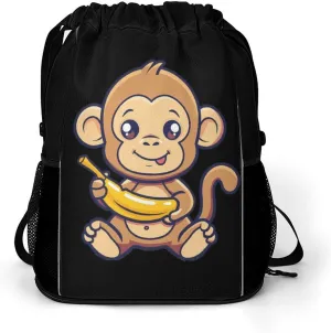 Cute Monkey Holding A Banana Drawstring Backpack String Bag Sports Gym Sackpack with Side Pocket Shoes Compartment