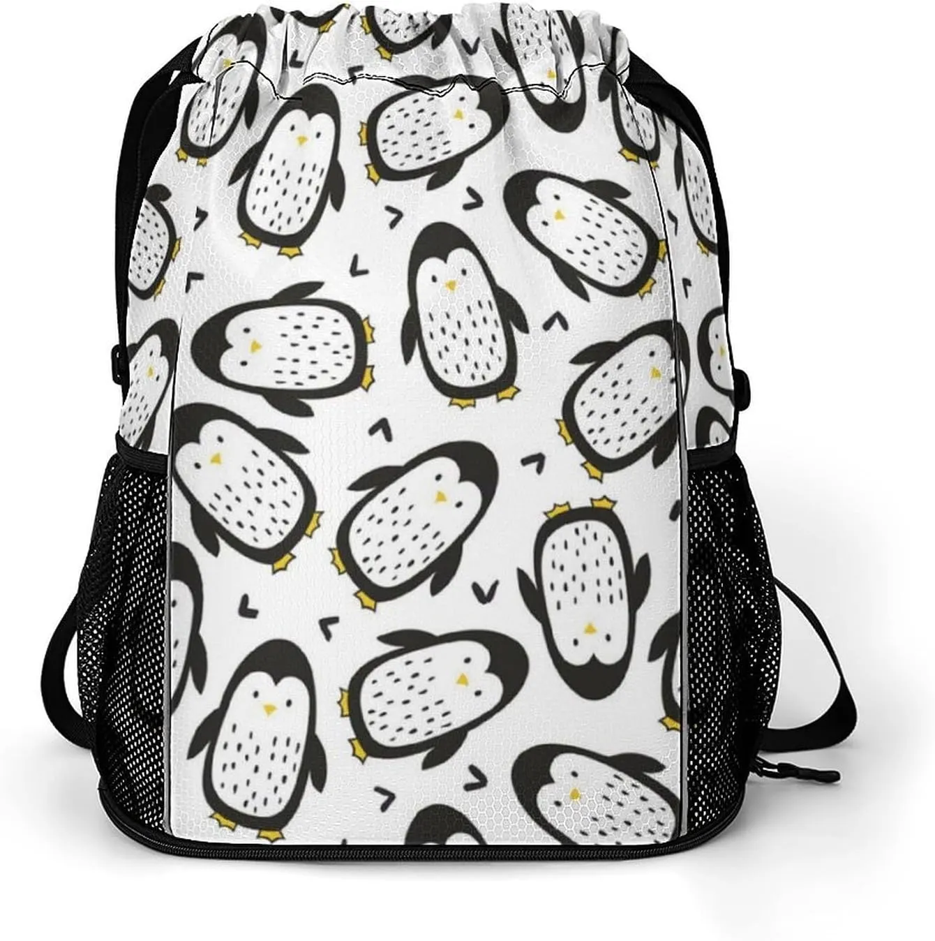 Cute Penguins Drawstring Backpack String Bag Sports Gym Sackpack with Side Pocket Shoes Compartment