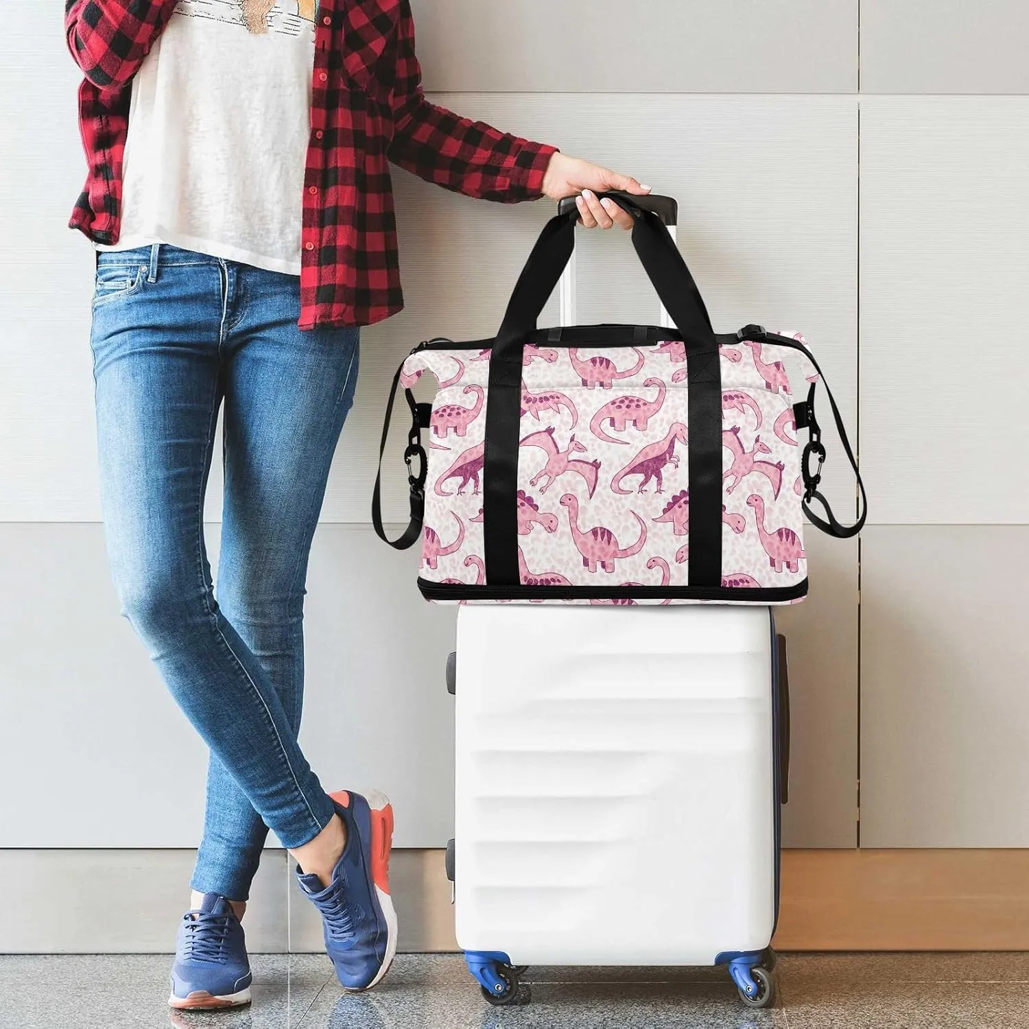 Cute Pink Dinosaur Expandable Weekend Travel Bag with Shoes Compartment Large Travel Bag