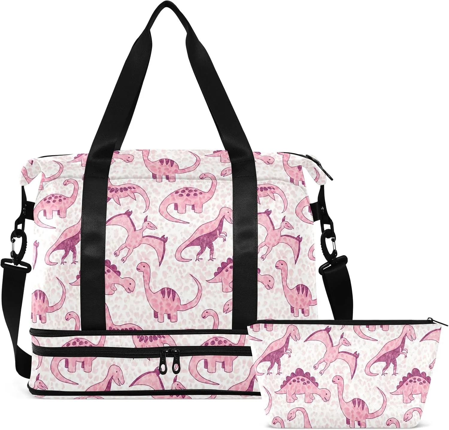 Cute Pink Dinosaur Expandable Weekend Travel Bag with Shoes Compartment Large Travel Bag