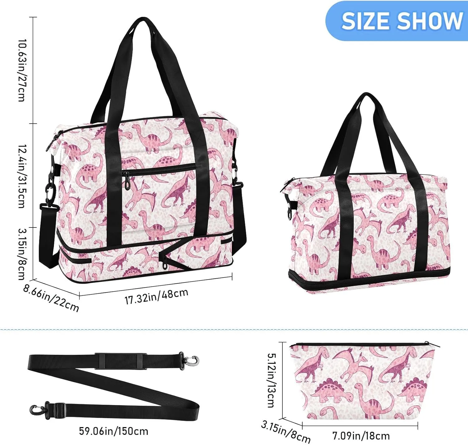 Cute Pink Dinosaur Expandable Weekend Travel Bag with Shoes Compartment Large Travel Bag