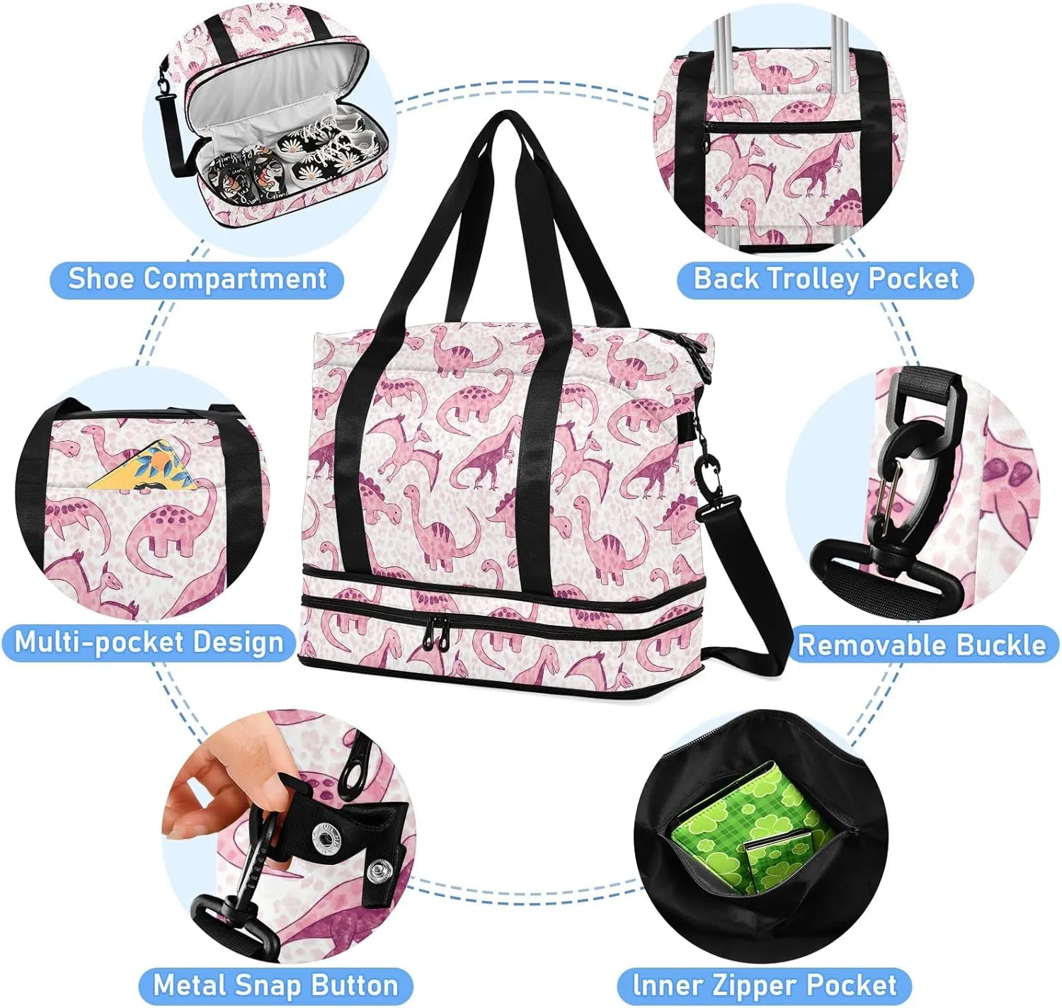 Cute Pink Dinosaur Expandable Weekend Travel Bag with Shoes Compartment Large Travel Bag