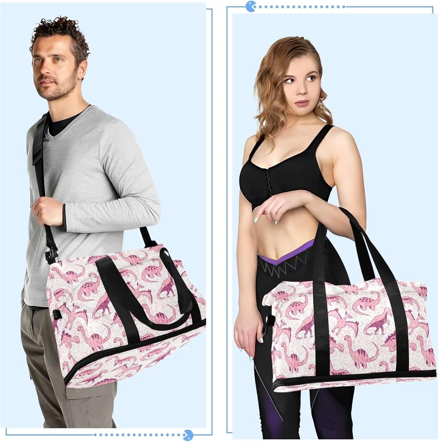 Cute Pink Dinosaur Expandable Weekend Travel Bag with Shoes Compartment Large Travel Bag