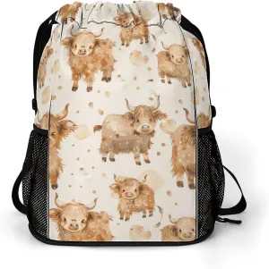 Cute Scottish Highland Cow Drawstring Backpack String Bag Sports Gym Sackpack with Side Pocket Shoes Compartment