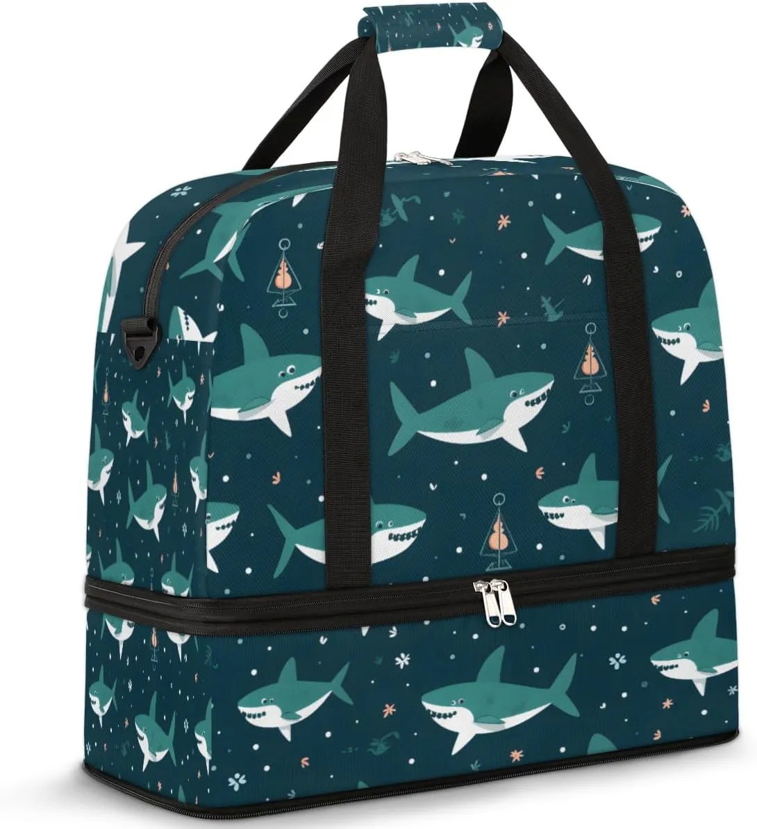 Cute Shark Foldable Travel Duffel Bag Overnight Weekender Bag with Shoes Compartment Sports Gym Bag for Men Women