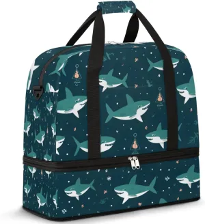 Cute Shark Foldable Travel Duffel Bag Overnight Weekender Bag with Shoes Compartment Sports Gym Bag for Men Women
