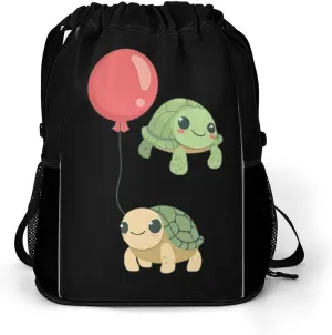 Cute Turtle Balloon Drawstring Backpack String Bag Sports Gym Sackpack with Side Pocket Shoes Compartment