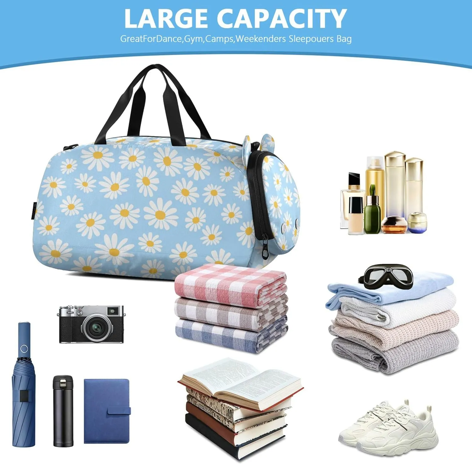 Daisy Flower Blue Gym Duffel Bag with Shoes Compartment Large Capacity Gymnastics Sports Bag for Boys and Girls