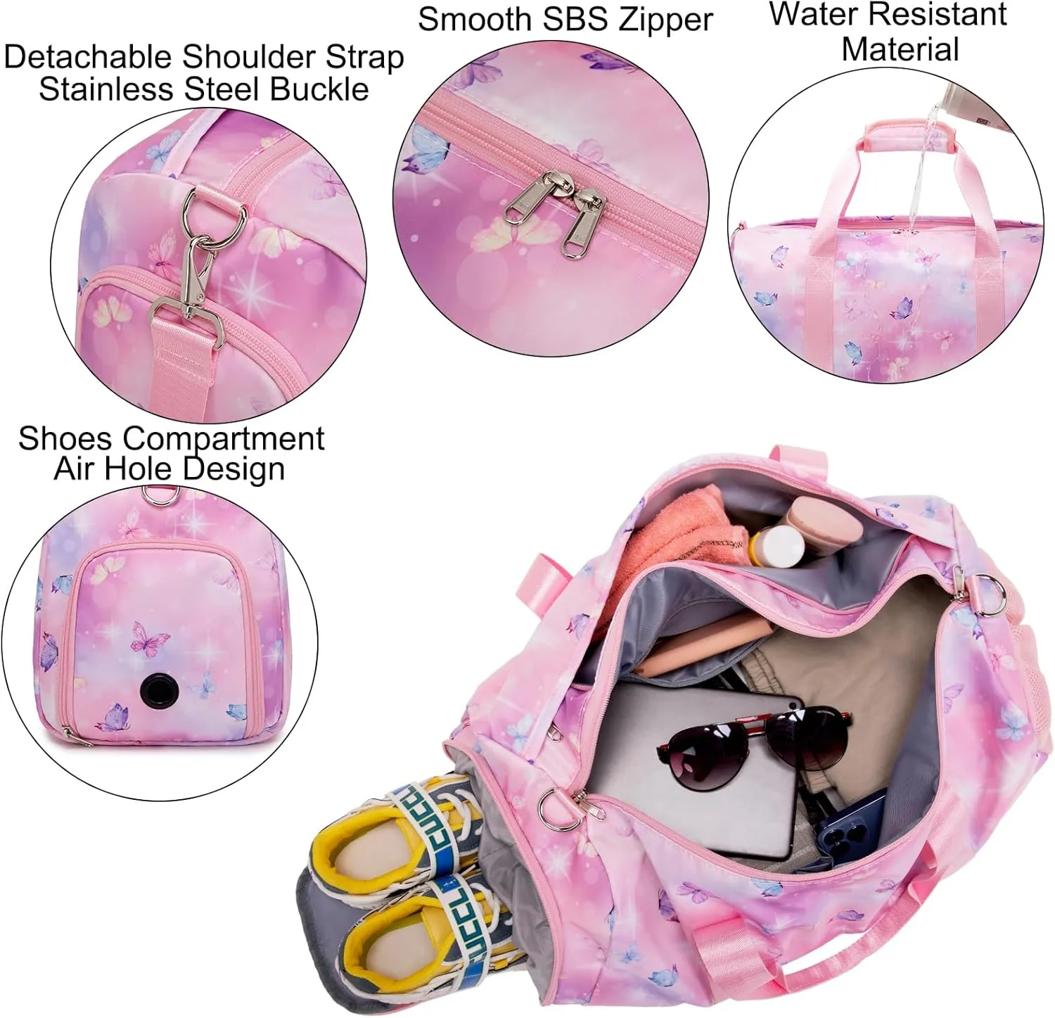 Dance Bag Butterfly Ballet Sports Gym Duffle Travel Bags for Girls with Shoes Compartment