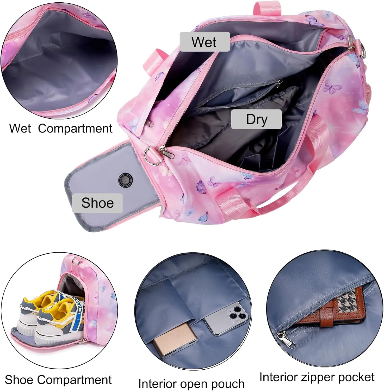 Dance Bag Butterfly Ballet Sports Gym Duffle Travel Bags for Girls with Shoes Compartment