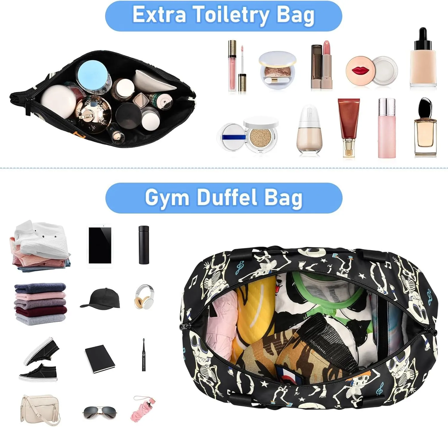 Dancing Skeletons Music Halloween Expandable Weekender Bags for Women Travel with Shoes Compartment Duffle Bags for Men