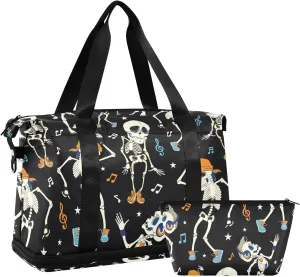 Dancing Skeletons Music Halloween Expandable Weekender Bags for Women Travel with Shoes Compartment Duffle Bags for Men