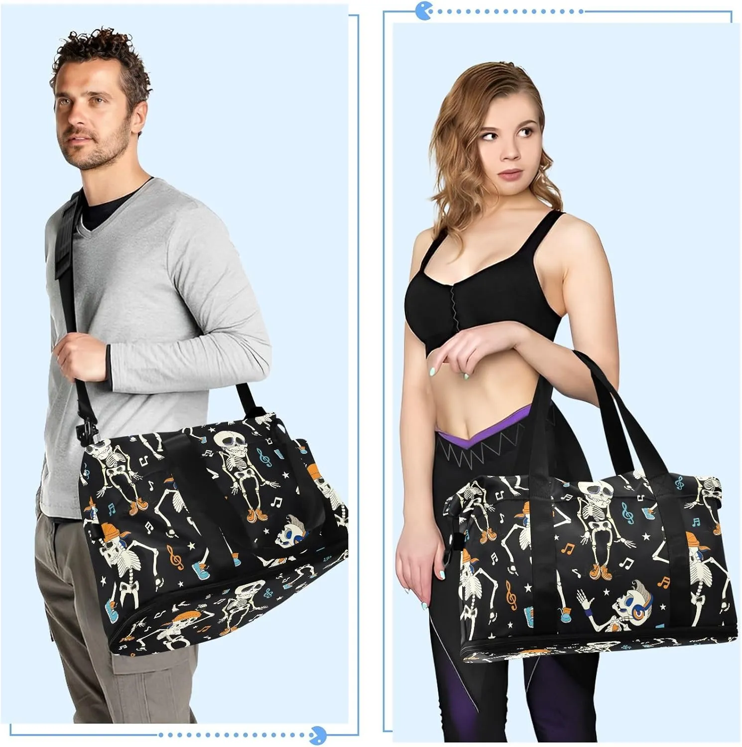Dancing Skeletons Music Halloween Expandable Weekender Bags for Women Travel with Shoes Compartment Duffle Bags for Men