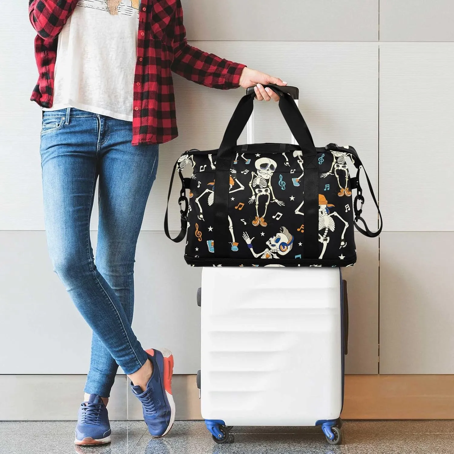 Dancing Skeletons Music Halloween Expandable Weekender Bags for Women Travel with Shoes Compartment Duffle Bags for Men