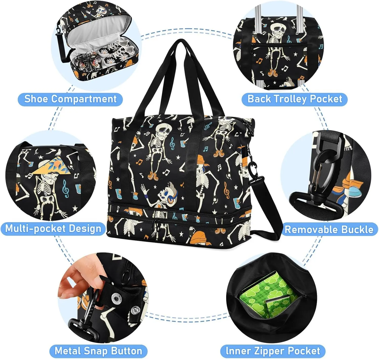 Dancing Skeletons Music Halloween Expandable Weekender Bags for Women Travel with Shoes Compartment Duffle Bags for Men