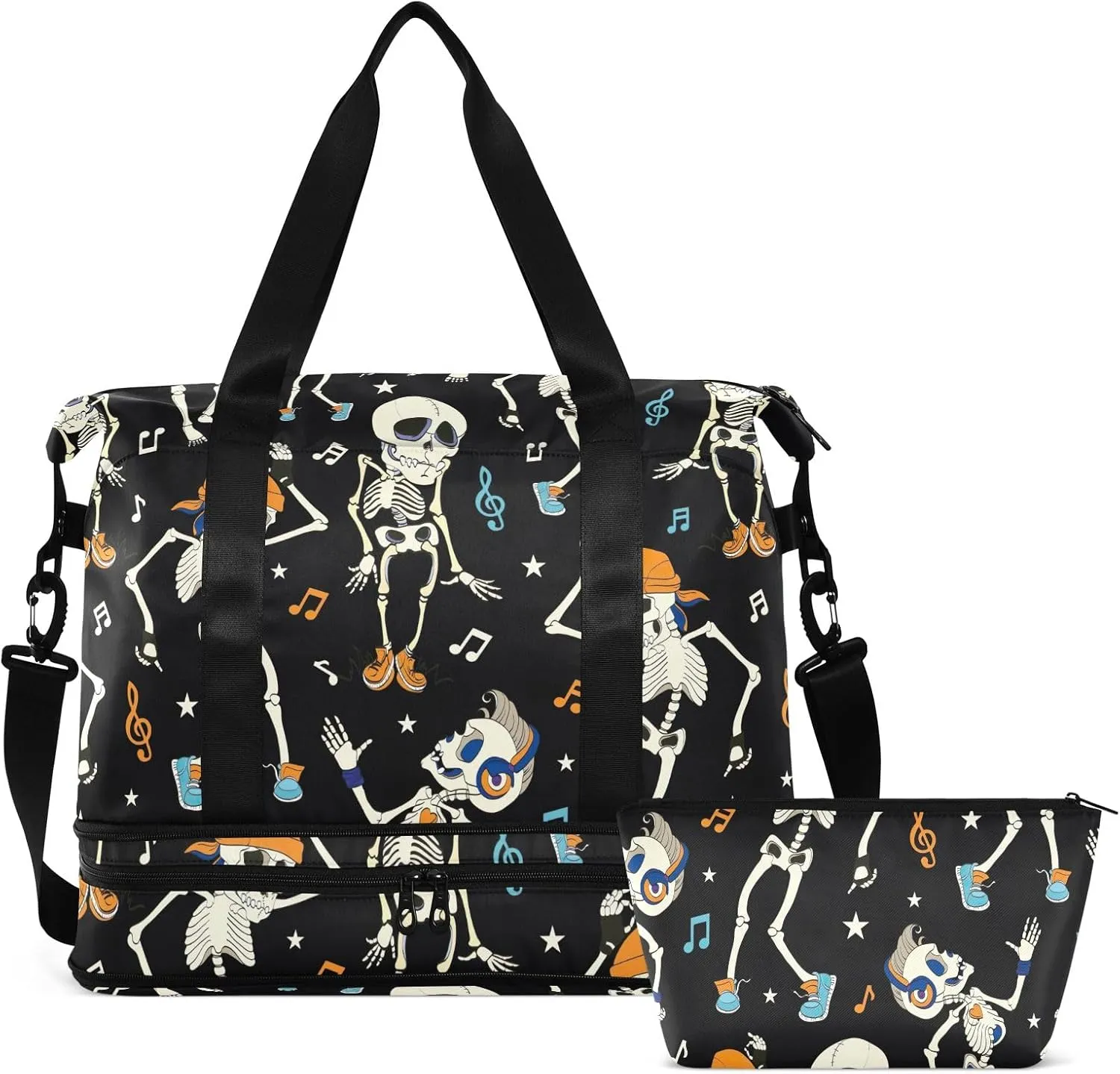 Dancing Skeletons Music Halloween Expandable Weekender Bags for Women Travel with Shoes Compartment Duffle Bags for Men