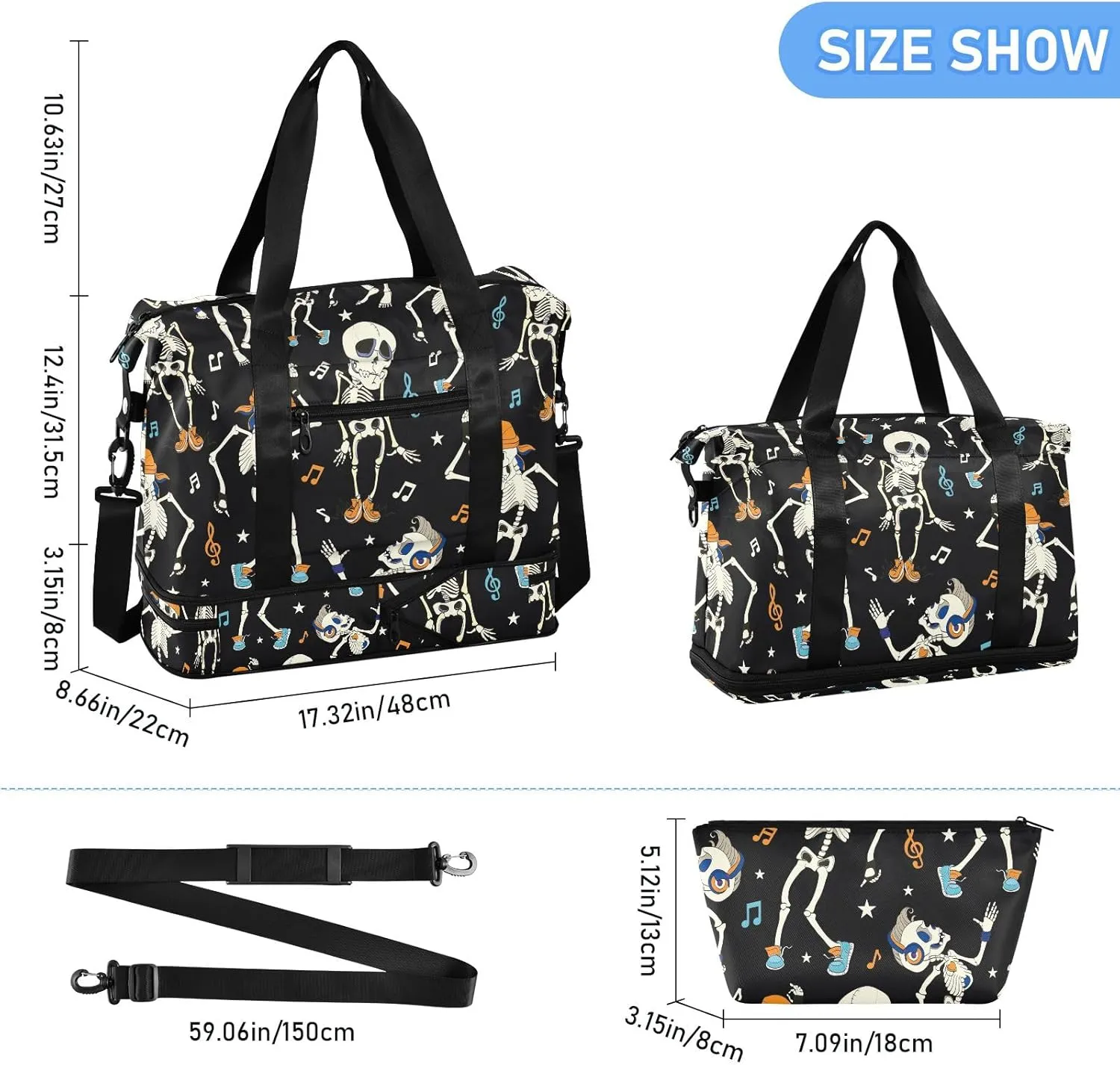 Dancing Skeletons Music Halloween Expandable Weekender Bags for Women Travel with Shoes Compartment Duffle Bags for Men