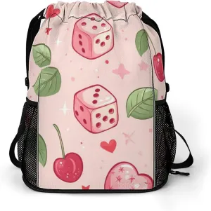 Dice Heart Cherries Drawstring Backpack String Bag Sports Gym Sackpack with Side Pocket Shoes Compartment