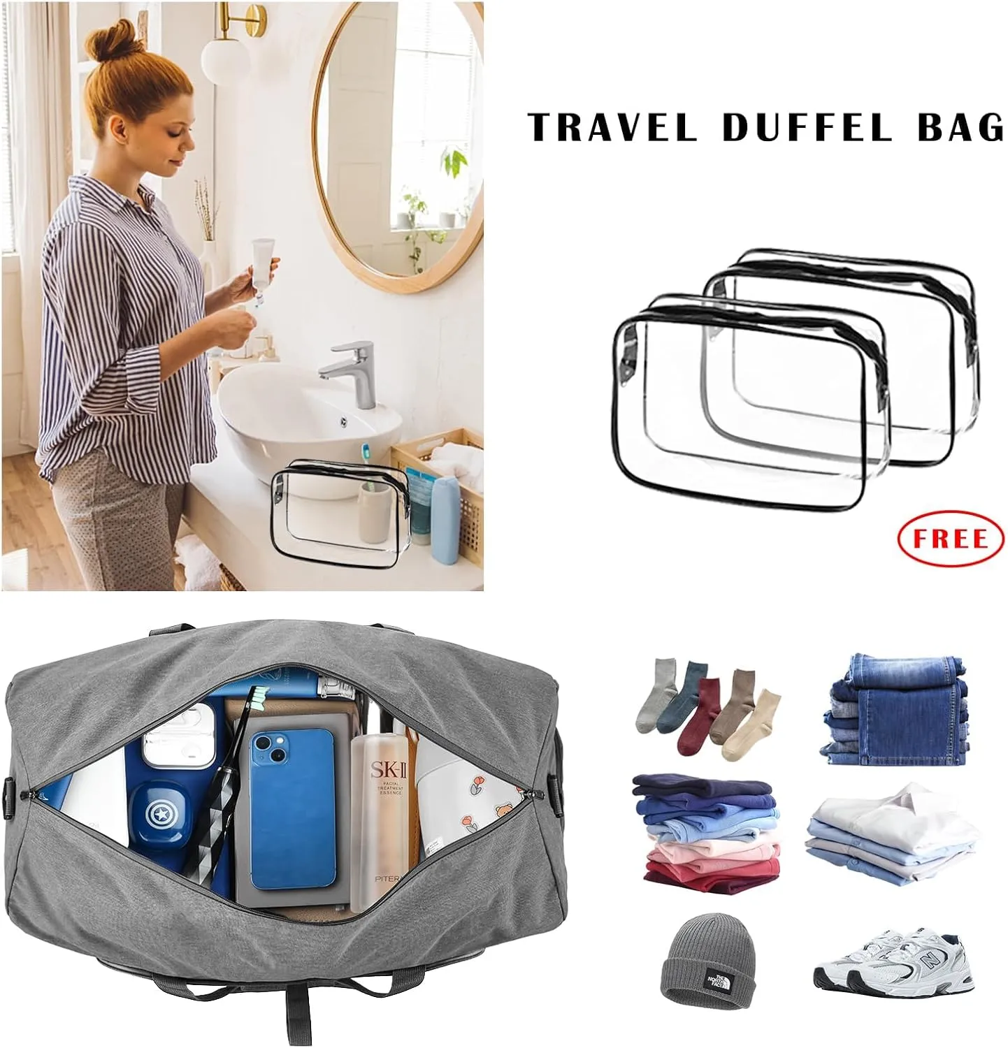 Dimayar 40L Travel Duffle Bag - Foldable Duffel Bag with Shoes Compartment - Overnight Bags Waterproof & Tear Resistant(Gray)