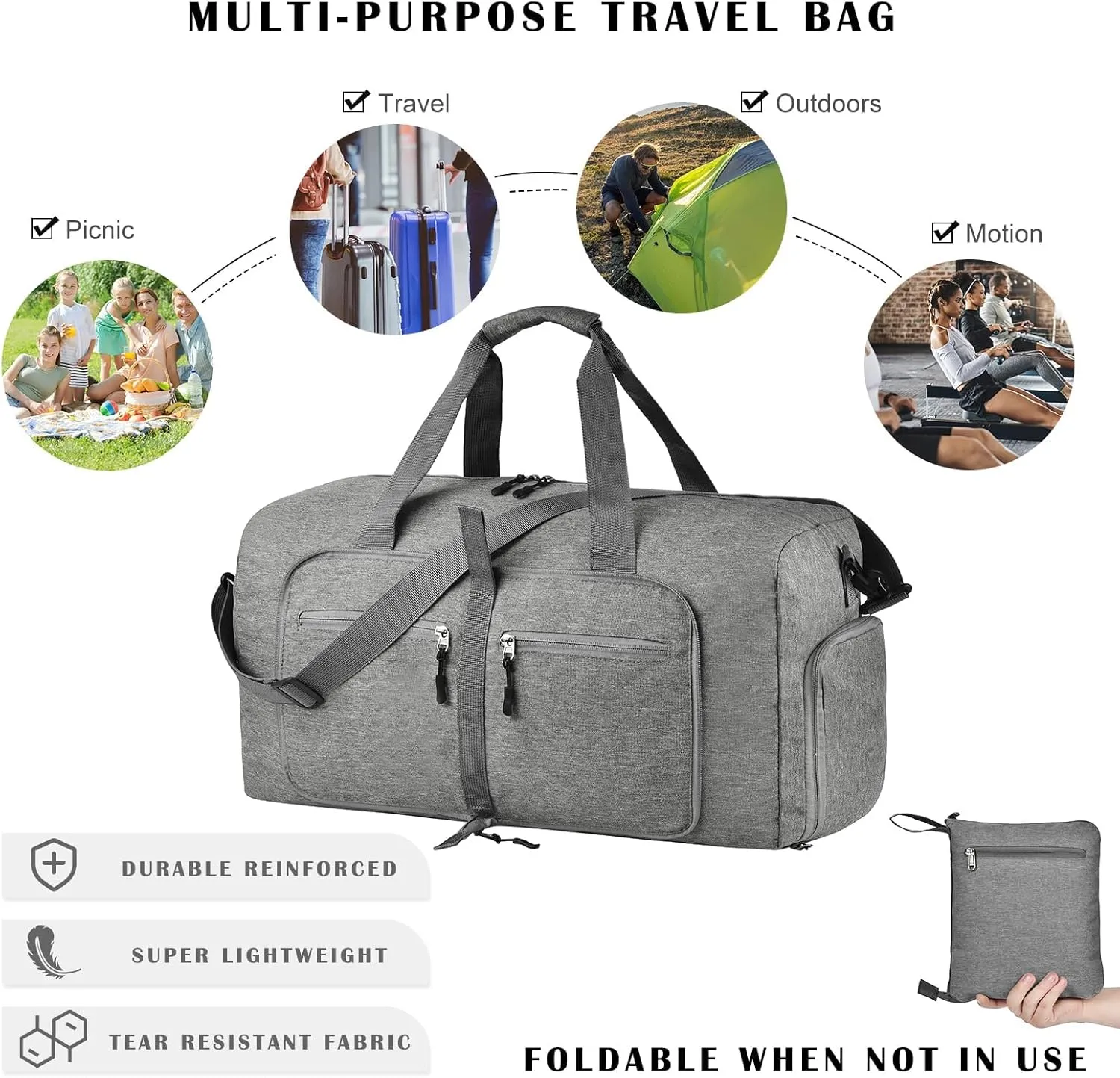 Dimayar 40L Travel Duffle Bag - Foldable Duffel Bag with Shoes Compartment - Overnight Bags Waterproof & Tear Resistant(Gray)