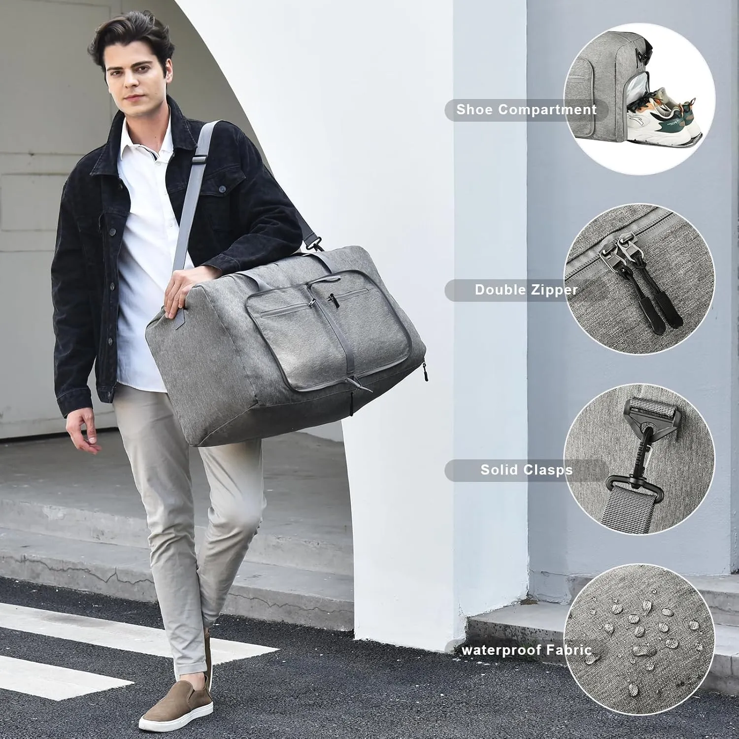 Dimayar 40L Travel Duffle Bag - Foldable Duffel Bag with Shoes Compartment - Overnight Bags Waterproof & Tear Resistant(Gray)