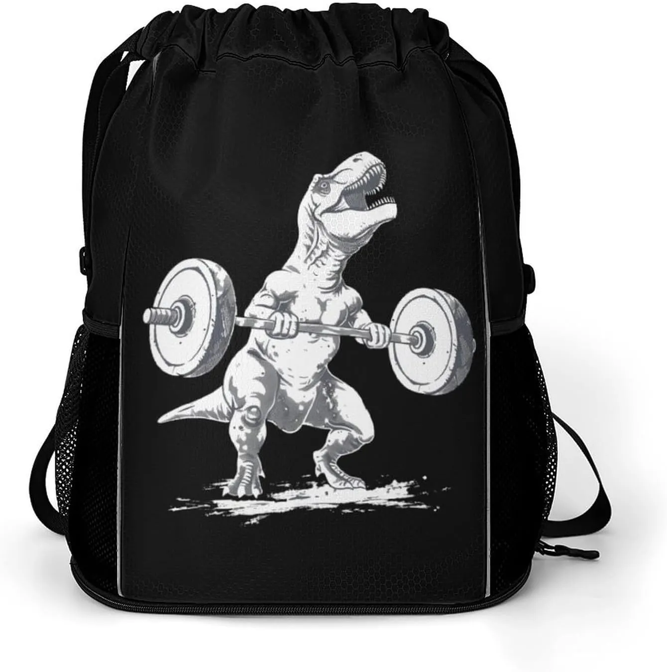 Dinosaur Lifting Weights Fit Drawstring Backpack String Bag Sports Gym Sackpack with Side Pocket Shoes Compartment