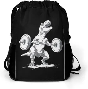 Dinosaur Lifting Weights Fit Drawstring Backpack String Bag Sports Gym Sackpack with Side Pocket Shoes Compartment