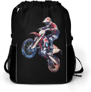 Dirt Bike Jumping Motorcycles Drawstring Backpack String Bag Sports Gym Sackpack with Side Pocket Shoes Compartment