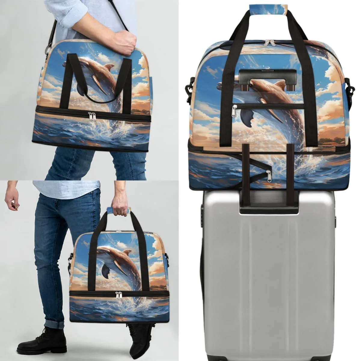 Dolphin Sea Foldable Travel Duffel Bag Overnight Weekender Bag with Shoes Compartment Sports Gym Bag for Men Women