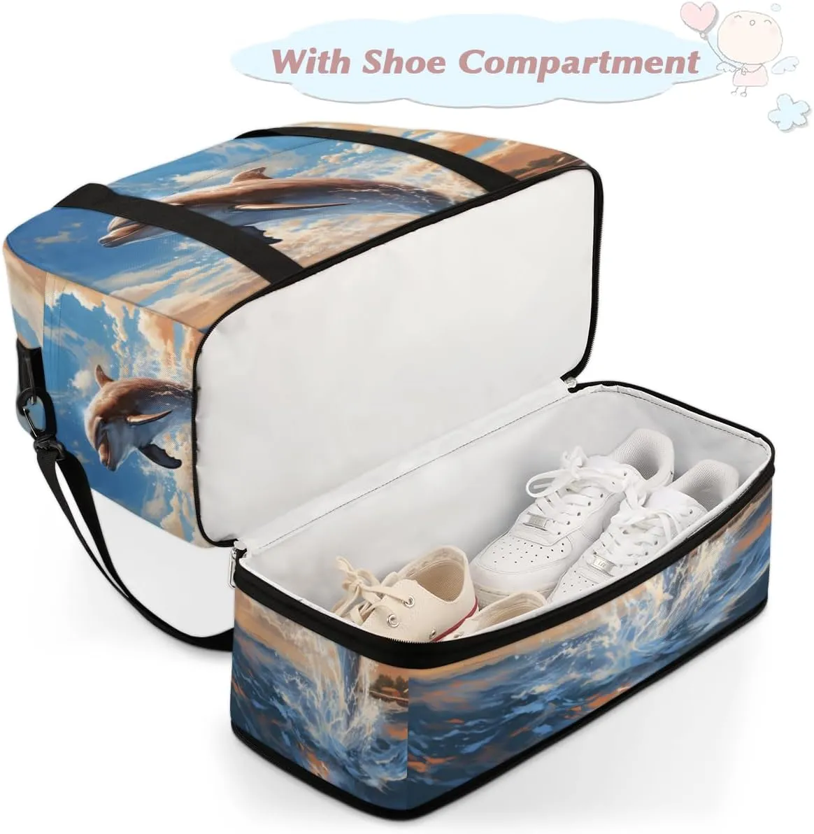 Dolphin Sea Foldable Travel Duffel Bag Overnight Weekender Bag with Shoes Compartment Sports Gym Bag for Men Women