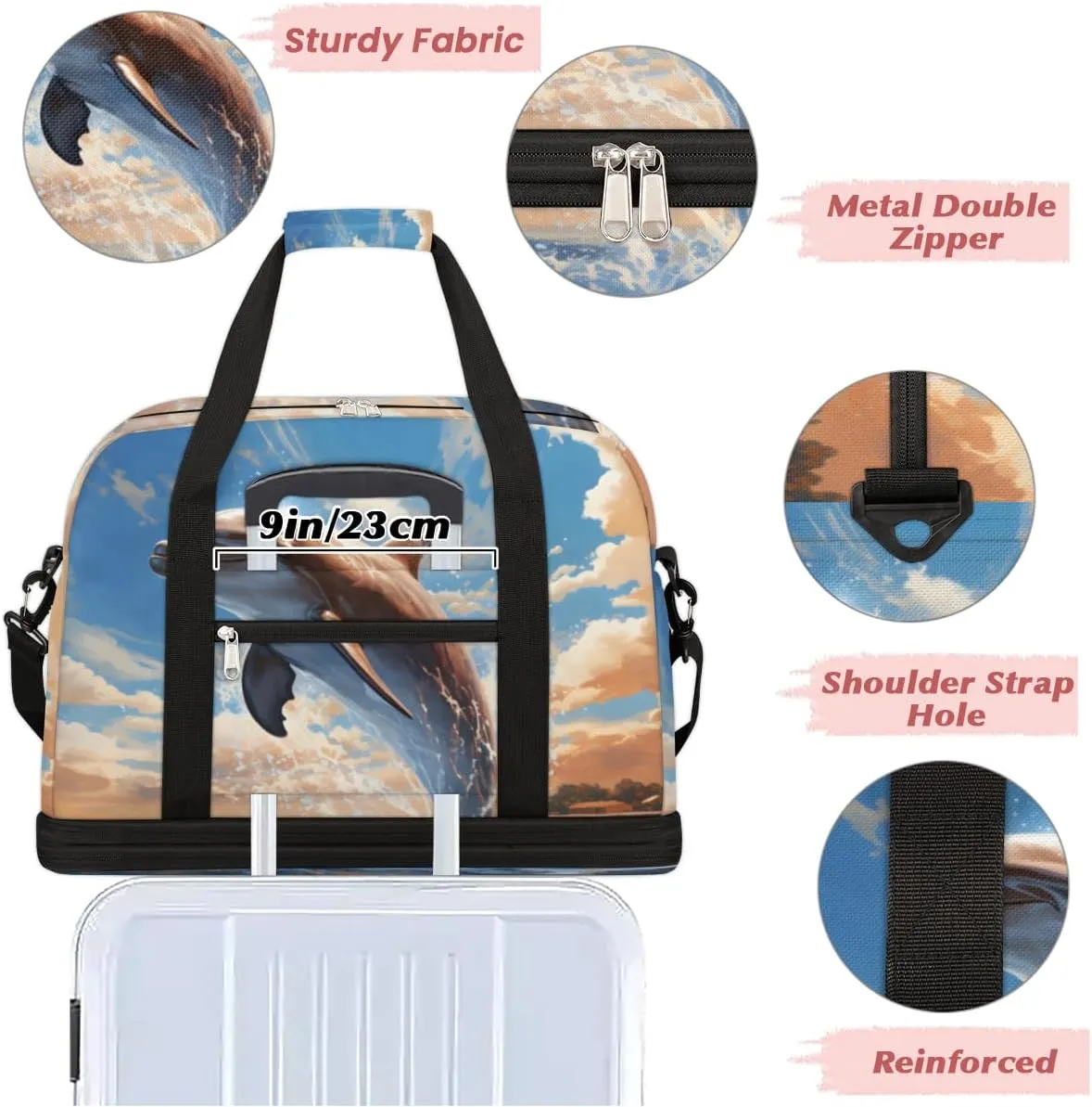 Dolphin Sea Foldable Travel Duffel Bag Overnight Weekender Bag with Shoes Compartment Sports Gym Bag for Men Women