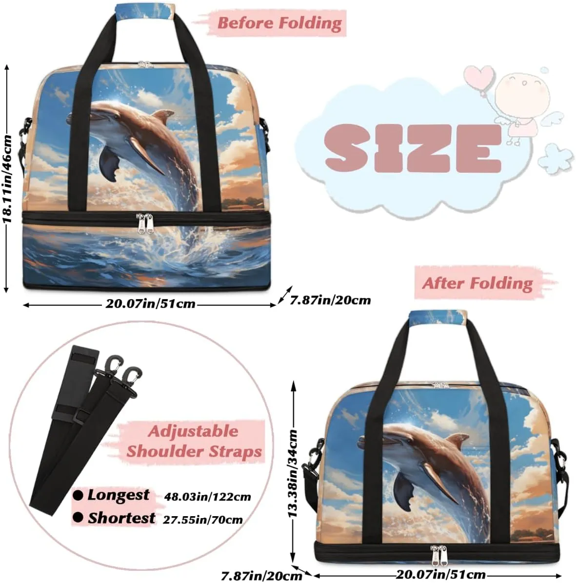 Dolphin Sea Foldable Travel Duffel Bag Overnight Weekender Bag with Shoes Compartment Sports Gym Bag for Men Women