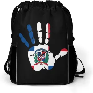Dominican Republic Flag Palm Drawstring Backpack String Bag Sports Gym Sackpack with Side Pocket Shoes Compartment