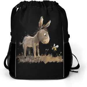 Donkey with A Bee Drawstring Backpack String Bag Sports Gym Sackpack with Side Pocket Shoes Compartment