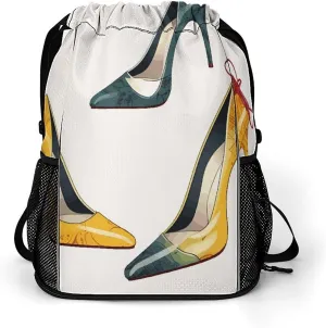 Drawstring Backpack for Men Women Multiple Pockets Sports Backpack High Heel Shoes Gym Bag for Travel Swim