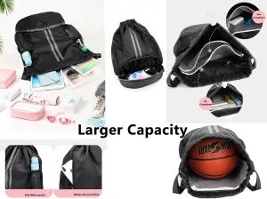 Drawstring Backpack Water-Resistant Sports Gym Bag for Women & Men with Shoes Compartment and Wet-Proof Pocket Black