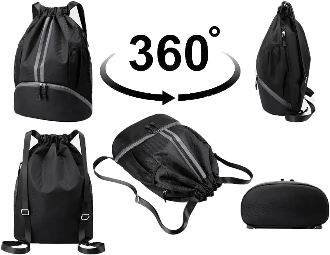Drawstring Backpack Water-Resistant Sports Gym Bag for Women & Men with Shoes Compartment and Wet-Proof Pocket Black