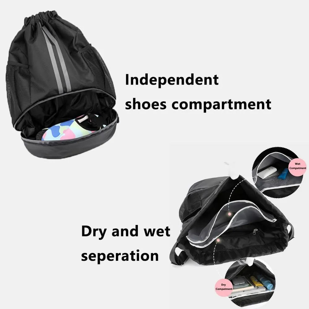 Drawstring Backpack Water-Resistant Sports Gym Bag for Women & Men with Shoes Compartment and Wet-Proof Pocket Black