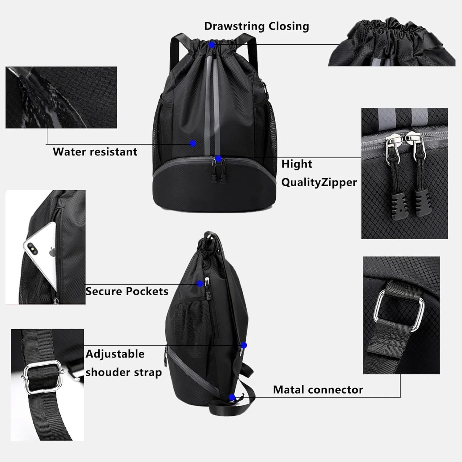 Drawstring Backpack Water-Resistant Sports Gym Bag for Women & Men with Shoes Compartment and Wet-Proof Pocket Black