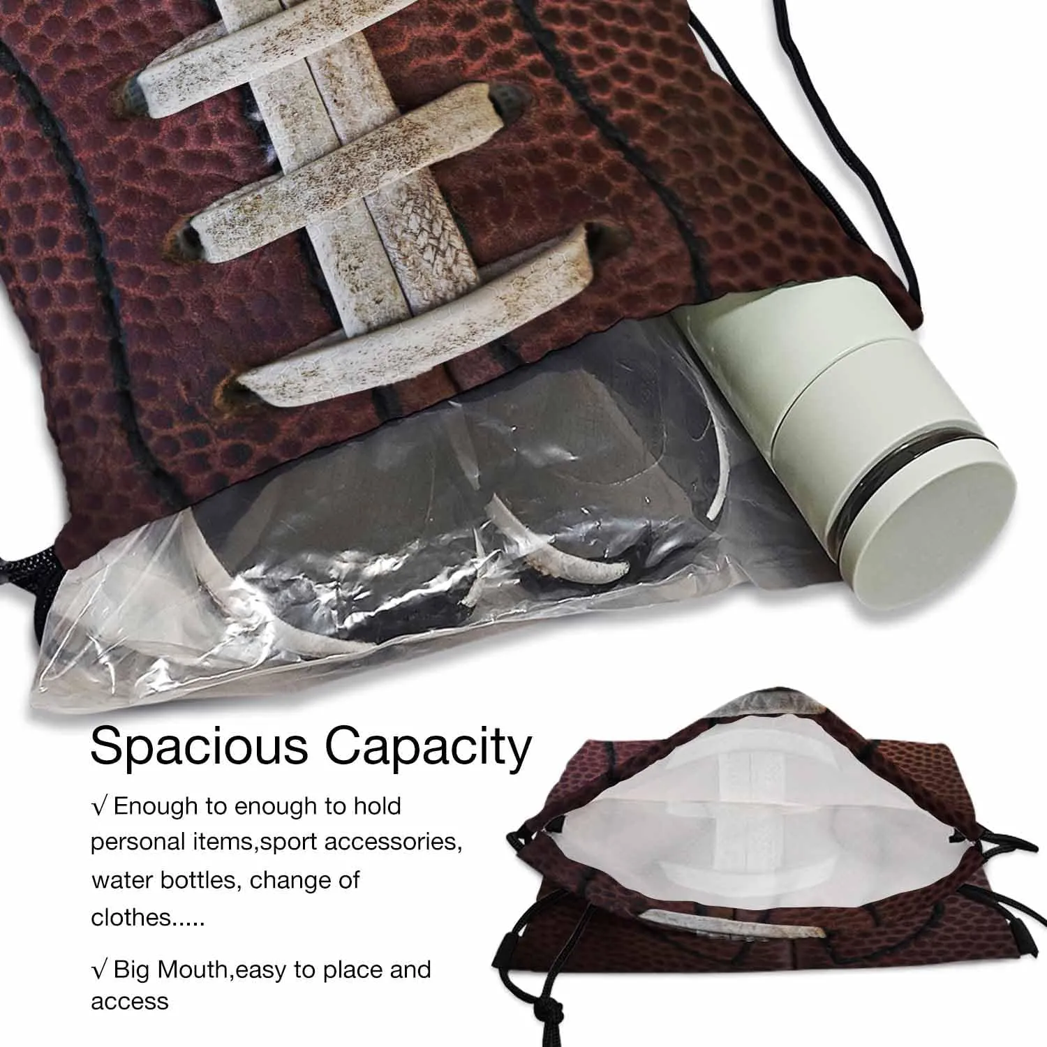 Drawstring Bag American Football Waterproof Basketball Bag Ball with Visible Laces Stitches Pigskin Pattern Stroage Shoes Ball